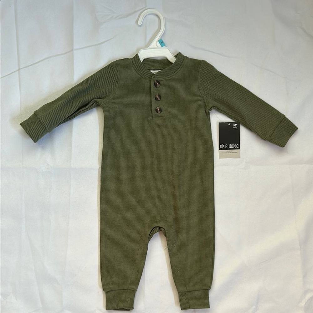 Okie Dokie 6M One Piece Olive Green Waffle Knit Coverall Snap Bottom NEW
